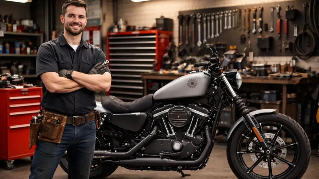 Mecânico ao lado de motocicleta Harley-Davidson Iron 883